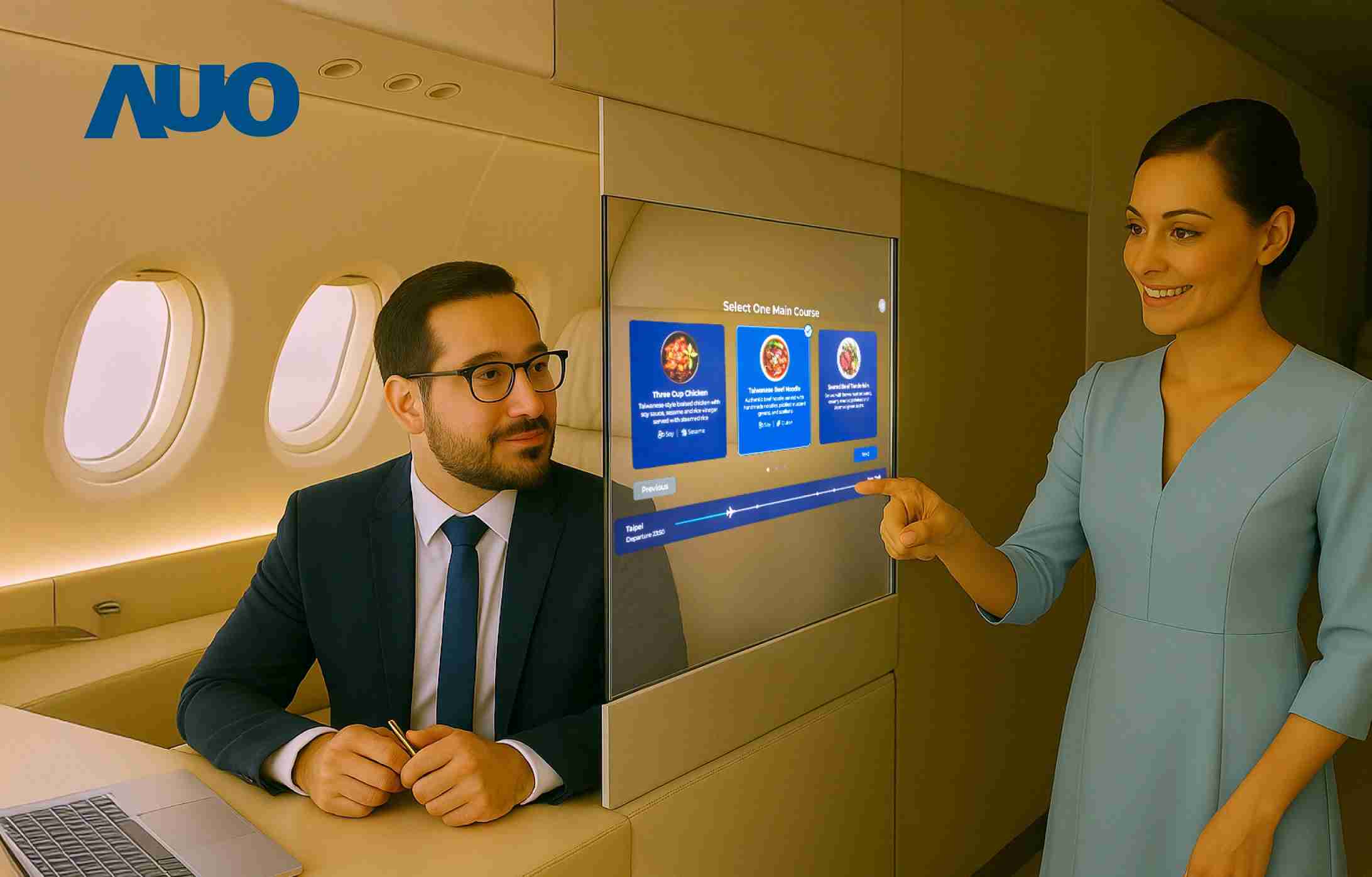 PA直营研发全球最薄17.3 吋双面透明 Micro LED 显示器，，，，可在同一屏幕之双边投射不同信息，，，创造独特的”透明化”互动；图为实时翻译交流应用情境